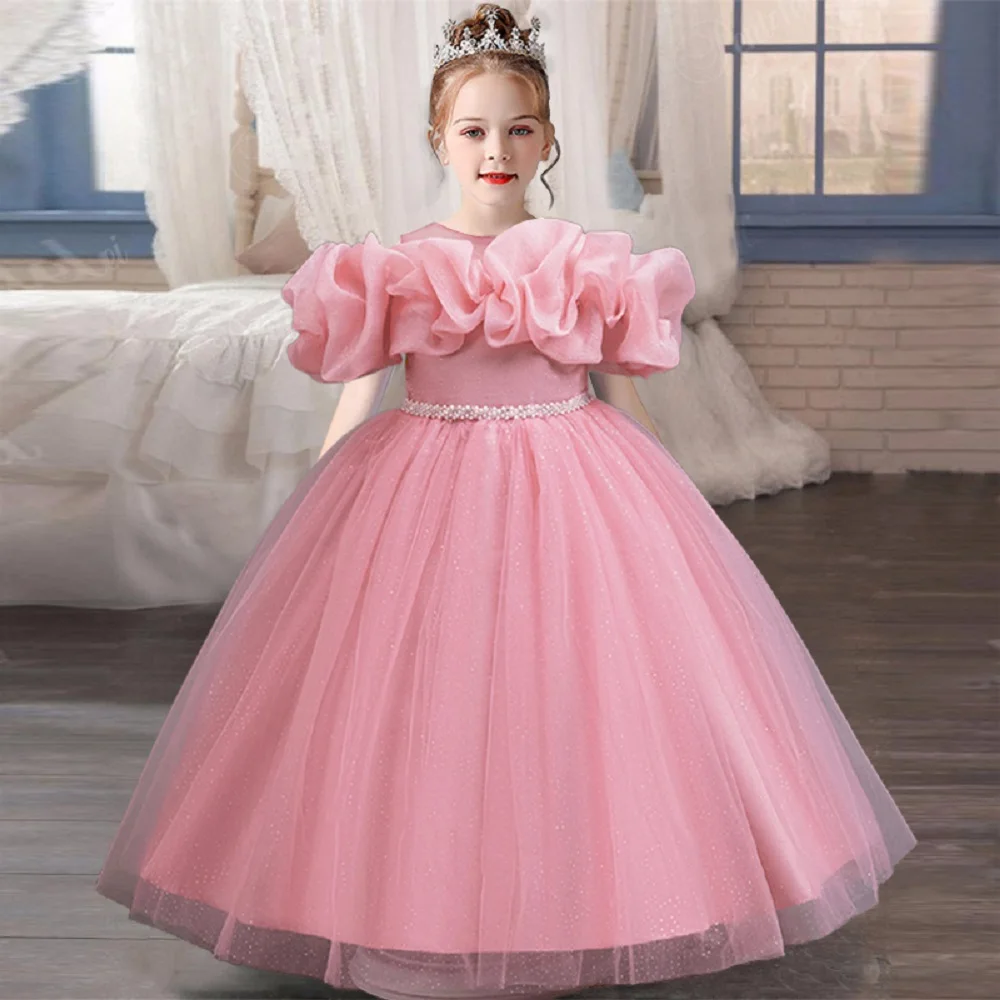 New Girls' Princess Dress 4-12 Years Old Children's Sequin One Shoulder Large Bow Tie Thin Sand Fluffy Dress Girls' Cake Dress