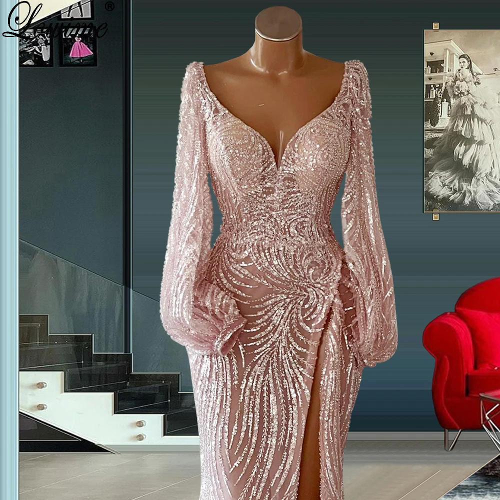 Blush Pink Sparkly Prom Dresses 2022 Long Sleeves Formal Evening Dresses For A Wedding Vestidos De Mujer Modest Engagement Gowns