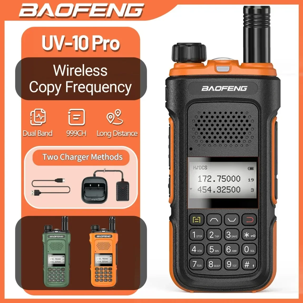 

Baofeng UV-10 Pro Walkie Talkie Беспроводная частота копирования Двухдиапазонная 999CH Type-C Двухсторонняя радиостанция высокой мощности UV-5R Ham