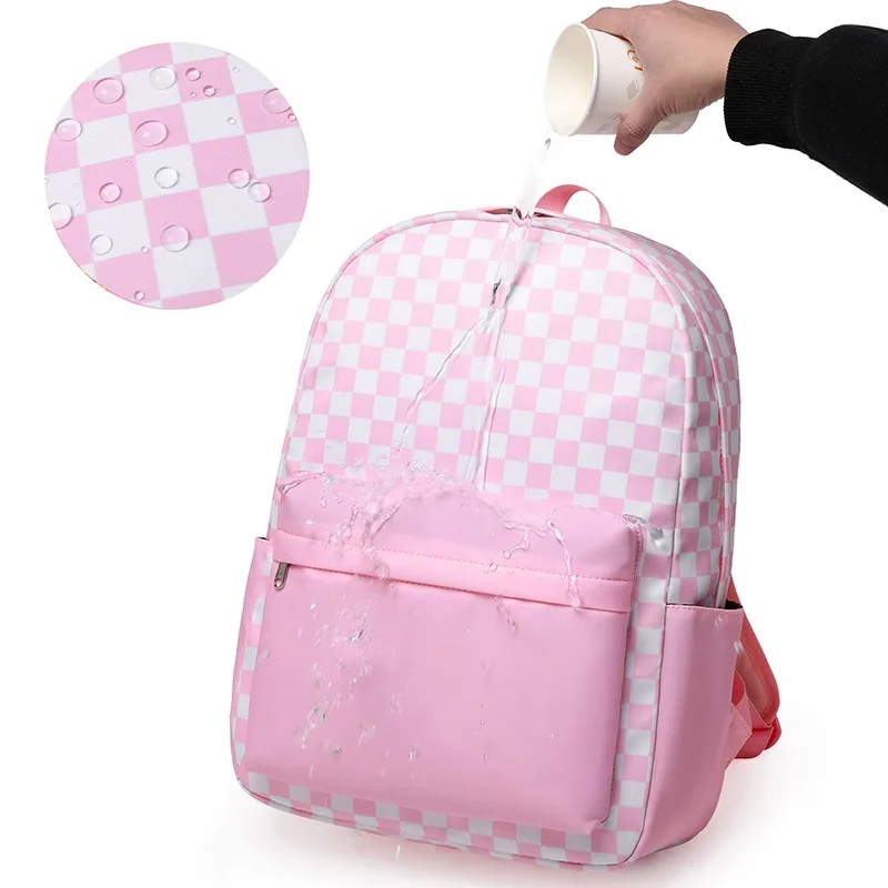 High Quality Junior Schoolbag For Girls Waterproof School Backpack Three-piece Elementary Simple Plaid Large Capacity Backpack