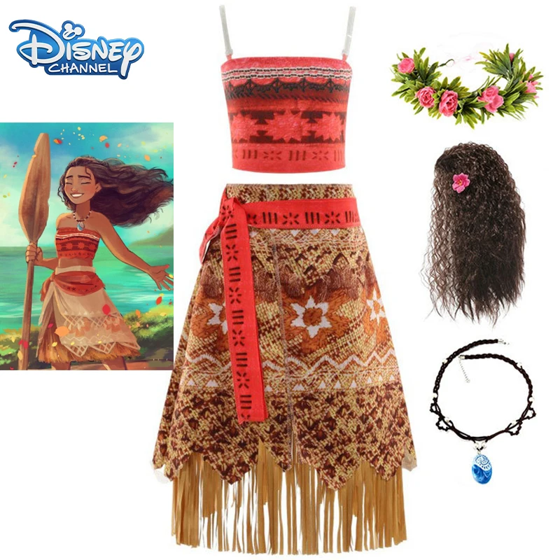 Disney Moana Halloween Dress Girls Kids Clothes Cosplay Vaiana Princess Dress Necklace Wig Children Carnival Party Summer Set