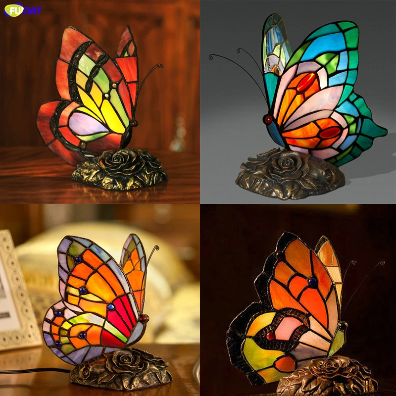 

FUMAT Butterfly Table Lamp Tiffany Bedside Desk Decor Night Light Stained Glass Creativity Art Bedroom Study LED Table Lamp