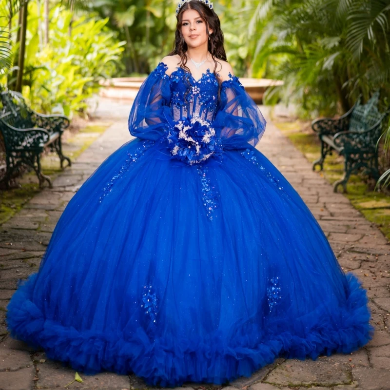

Royal Blue Shiny Quinceanera Dresses Ball Gown Off The Shoulder Applique Flower Beads Tiered Tull Puff Sleeve Party Birthday
