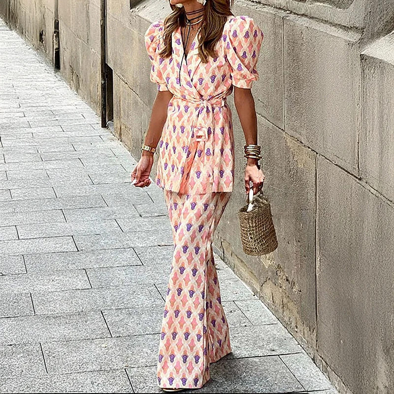 Fashion Office Outfit Women Temperament Lace-up Short Sleeve Jackets Top&Wide Leg Pants Set Elegant Pattern Print Slim 2Pc Suits