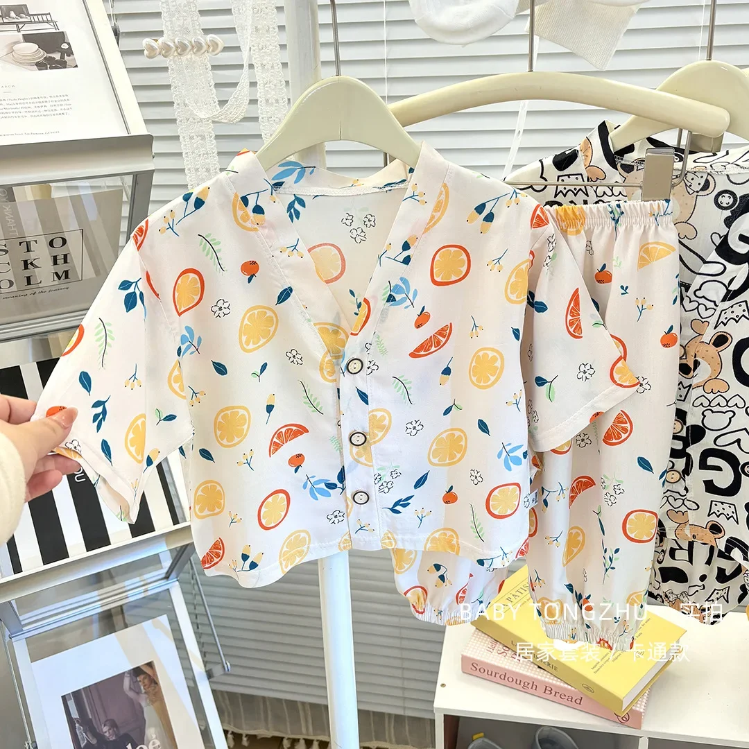

New Kids Summer Thin Pajamas Comfortable Sleepwear Baby Boys Girls Cartoon Print V-neck Pyjamas Leisure Homewear Clothing Sets