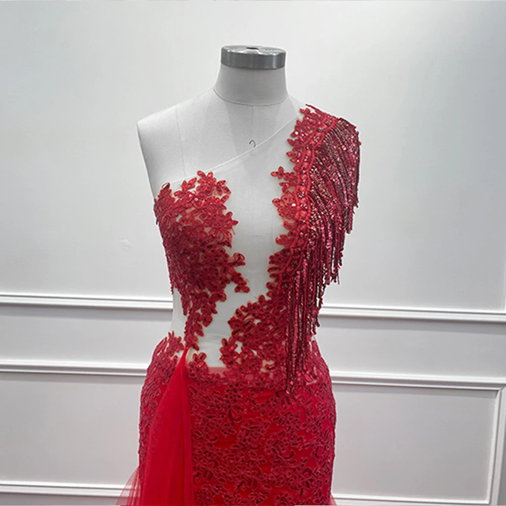 Mermaid Tulle Sequined Evening Dresses Red Appliques Embroidery One Shoulder Long Formal Prom Party Gowns Vestido De Fiesta