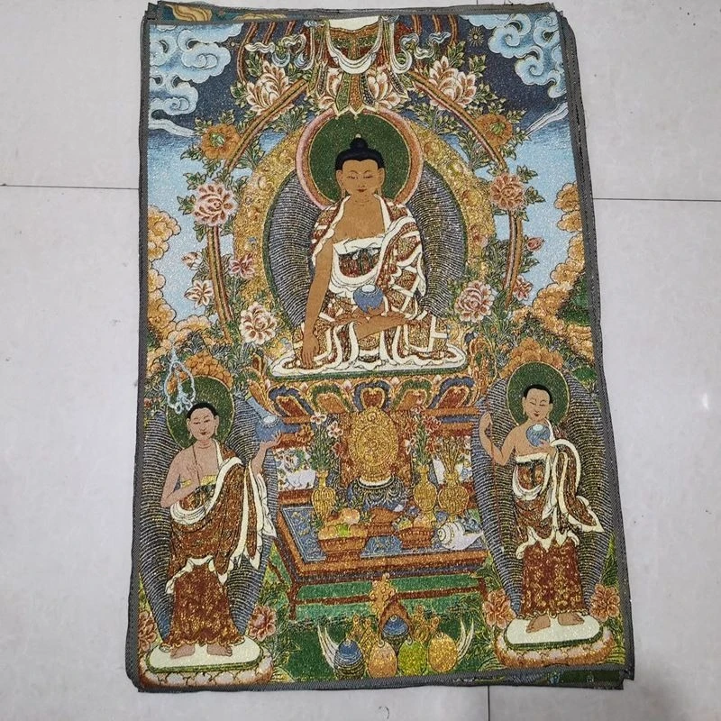 

Тибетская тканевая шелковая танка с вышивкой: Желтый цветок и Будда Шакьямуни, настенная вышивка, картина для подвешивания