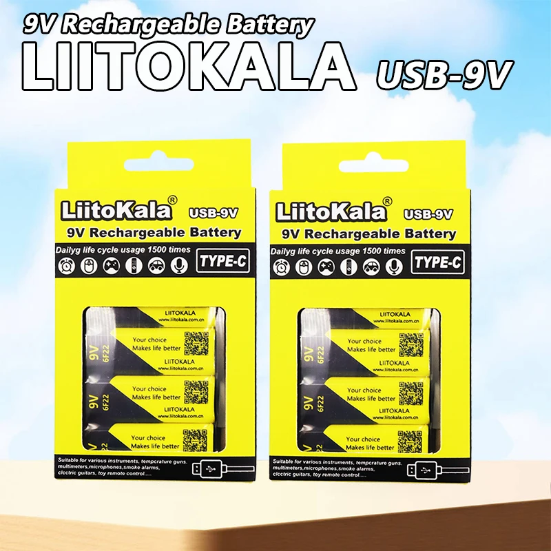 LiitoKala USB-9V 6F22 9V Li-ion Lithium Battery for Multimeter Microphone Toy Remote Control KTV+4-in-1 Type-C charging cable