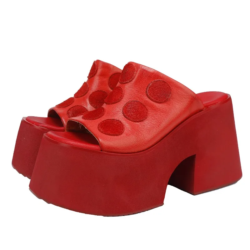 

Популярные женские летние сандалии на толстом танкетке из натуральной кожи в европейско-американском стиле, 11 см, красные, на платформе, классические шлепанцы для улицы