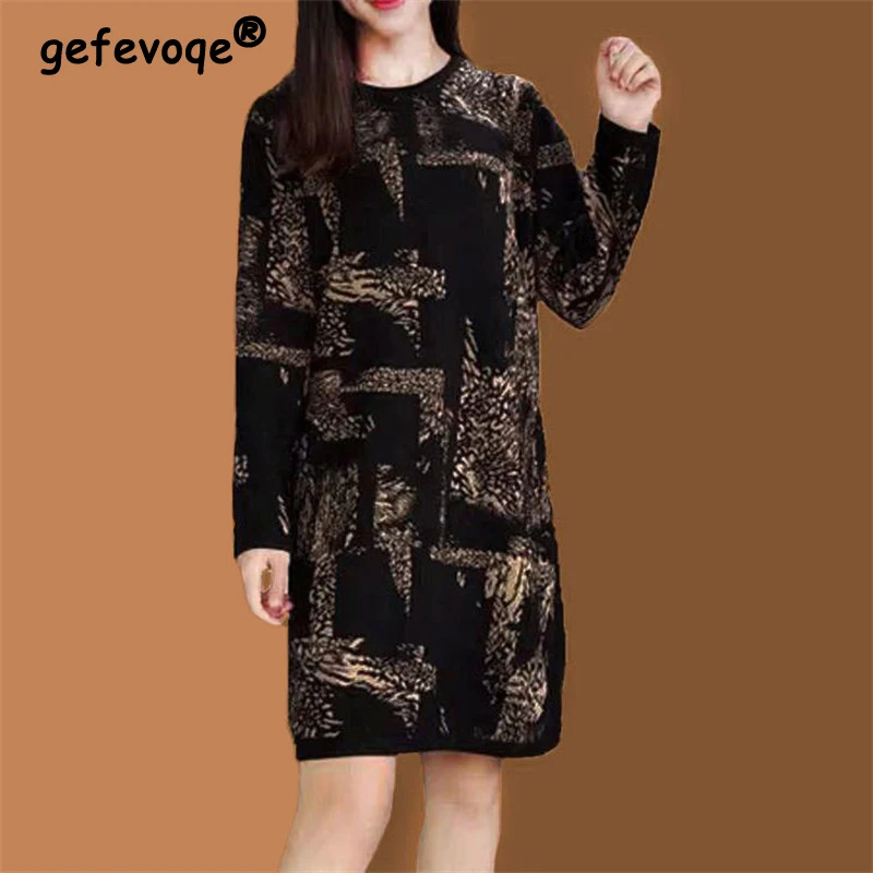 2023 Autumn Winter Korean Fashion Print Fleece Thick Elegant Dresses for Women Casual O Neck Long Sleeve Loose Basic Midi Dress