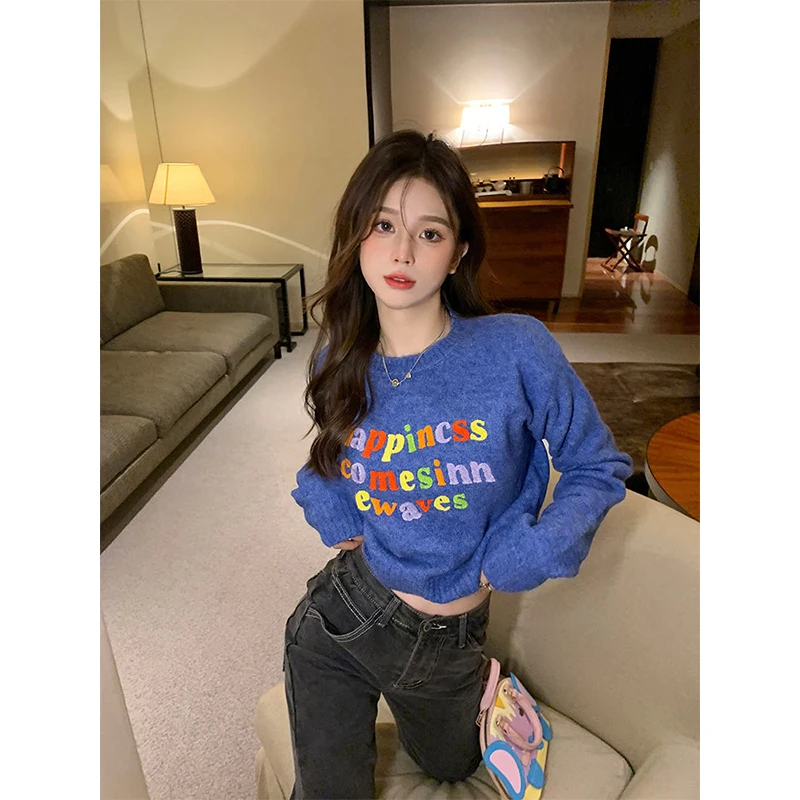 Multicolor Letter Embroidered Pullovers Women Autumn Winter Sweet Fashion Long Sleeve Sweater Casual All-match Knitwear Tops