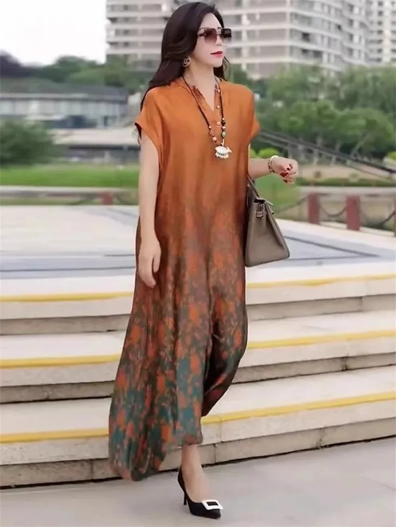 2023 Bohemian Printed Slim Raglan Sleeves Big Brand Silk Silk Dress Women Summer Temperament Mom High Grade Printed Long Skirt