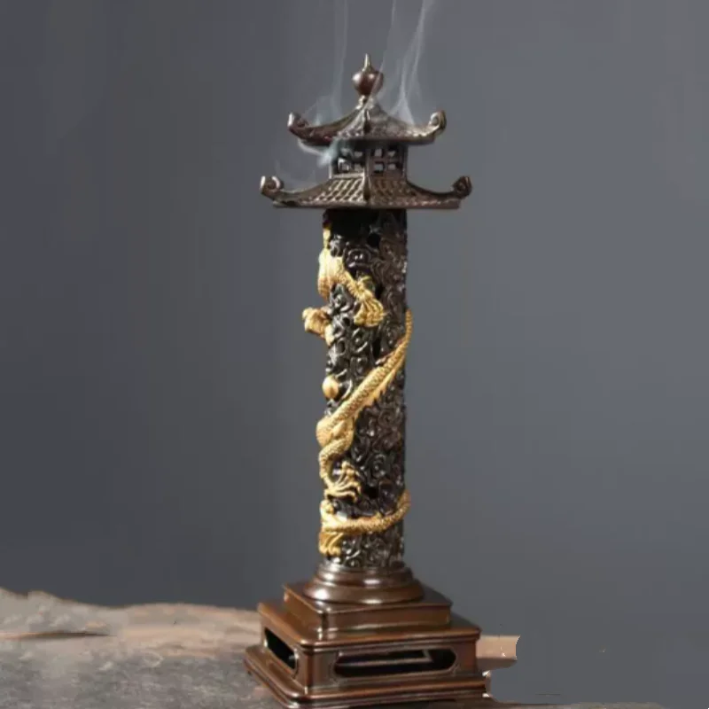 Antique Copper Panlong dragon Relief Incense Burner Ornament Pagoda Tower Furnace Home Tea Ceremony Chinese style Decoration
