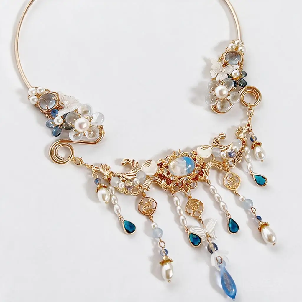Chinese Traditional Hanfu Choker Necklace Tassel Pearl Blue Gem Butterfly Collar Jewelry For Women Cosplay Party Ancient Costume
