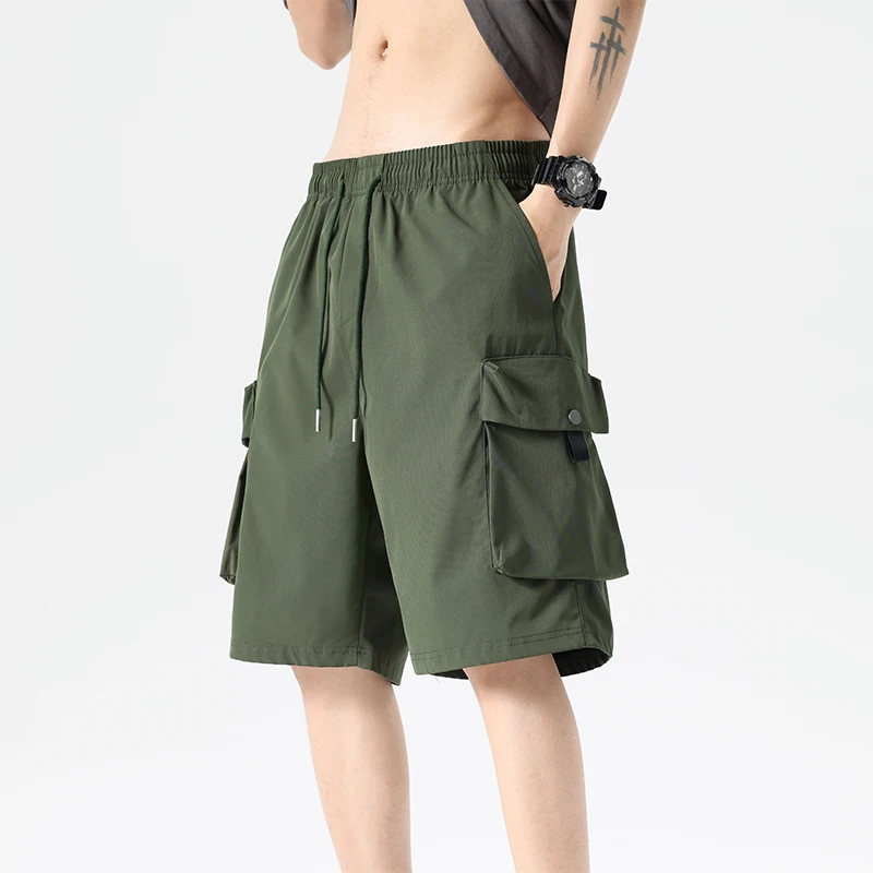 

Summer New Fashion Trendy Solid Color Ice Silk Breathable Cargo Shorts Men's Casual Loose Sports High Quality Plus Size Shorts