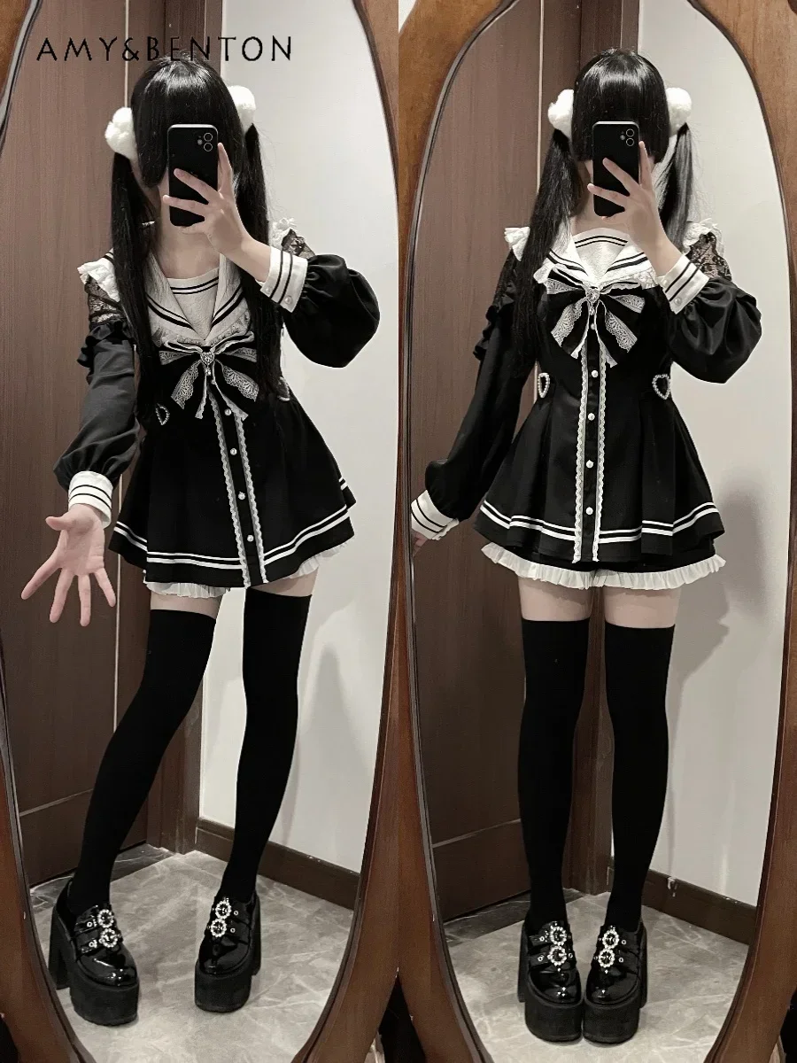 Mine Mass-Produced Skirt Suit Sweet Cute Sailor Collar Patchwork Slim Long Sleeve Dress Shorts Two Piece Sets Womens Outifits