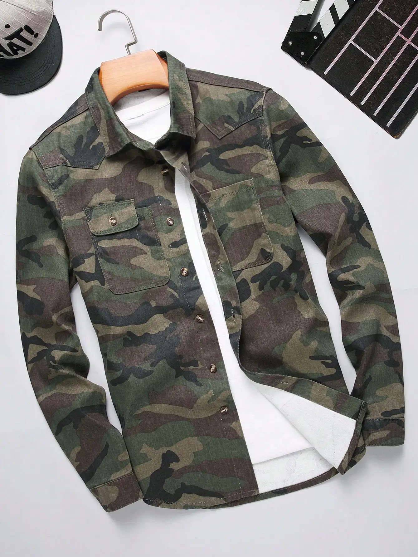 

GELITAYIN Men's Camouflage Workwear Denim Long - Sleeved Shirts For Summer And Autumn. For Daily Casual Wear. Trendy Street Styl