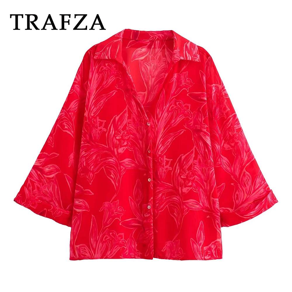 TRAFZA 2024 Women Summer Floral Sheer Casual Shirts Printing Single Breasted Loose Shirt Nine Quarter Women Fashion Blouse