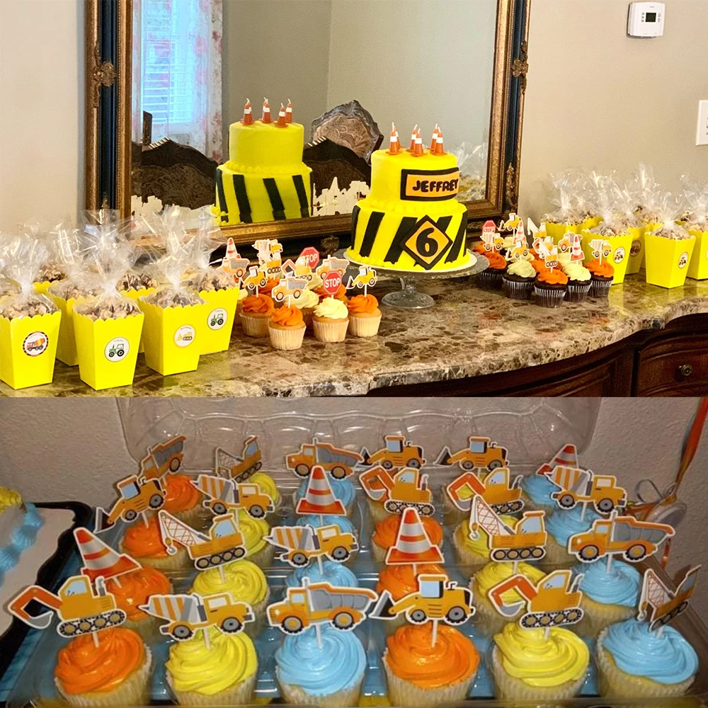 7pcs Construction Cupcake Topper Pick Dump Truck Excavator Tractor Party Cake Toppers for Kids Birthday Baby Shower Party Decor