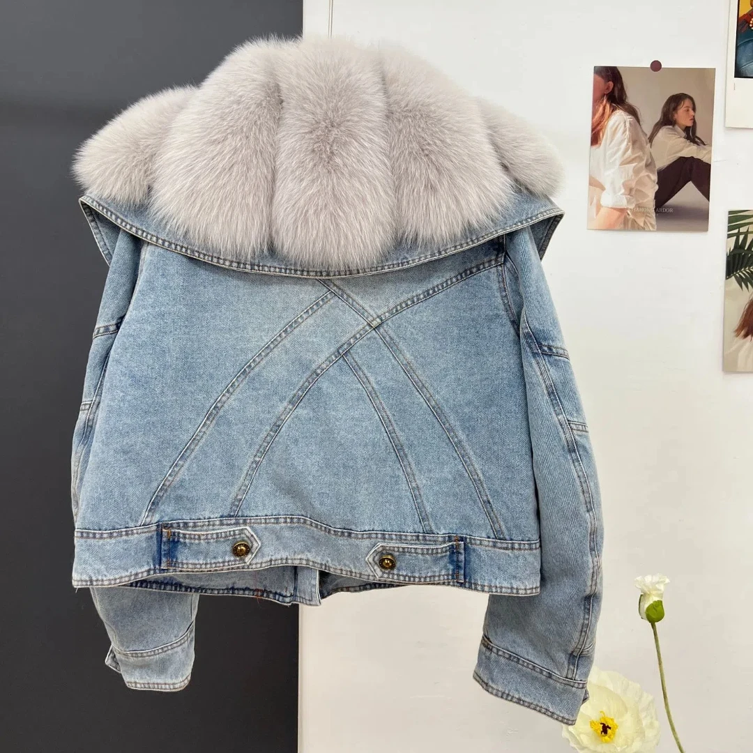 Hot selling new women's short denim goose down jacket liner autumn and winter fox fur collar fur coat