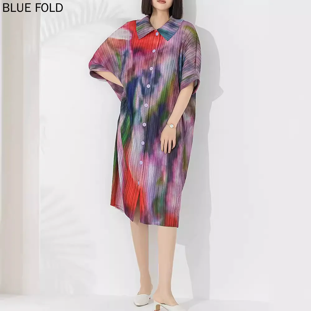 

MIYAKE Pleated Printed Fashion Dress for Women Summer New Shirt Collar Single-breasted Loose Large Size Slim Mid-length Dress