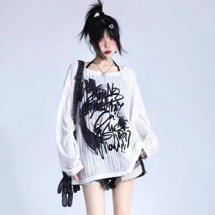 2024 New O-neck Graffiti Print White Tops Women Y2k E-Girl Long Sleeve Loose T-shirts Fashion Thin Knitted Pullover Sweater