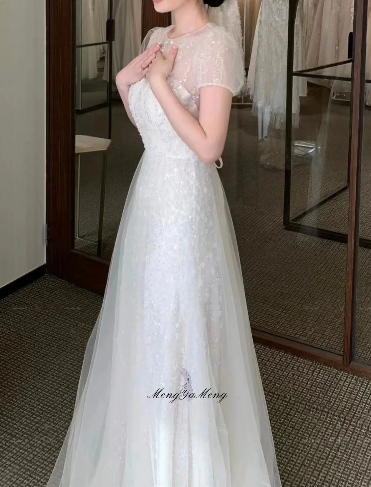 Charming Short Sleeves Wedding Party Dress Tulle A-Line Beads Korea Photo Shoot Bridal Reception Gown Customized 웨딩드레스 image 2