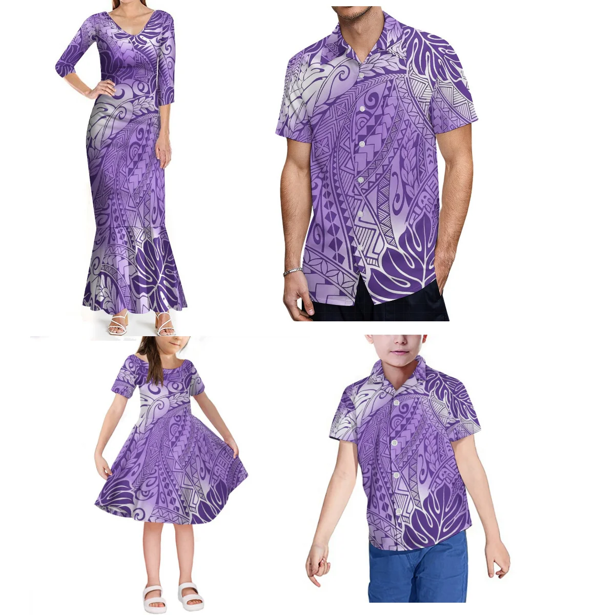 Polynesian Ladies Sexy Slim Mermaid Dress Midi Party Dress Mother And Daughter Dress Hawaiian Men'S Shirt Boy'S Top Family Suit