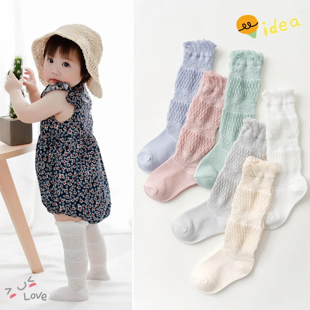 Baby Girls Over Knee Thigh High Long Socks Summer Breathable Mesh Knit Ruffled Cute Bow Cotton Anti-Mosquito Stockings 0-3Y