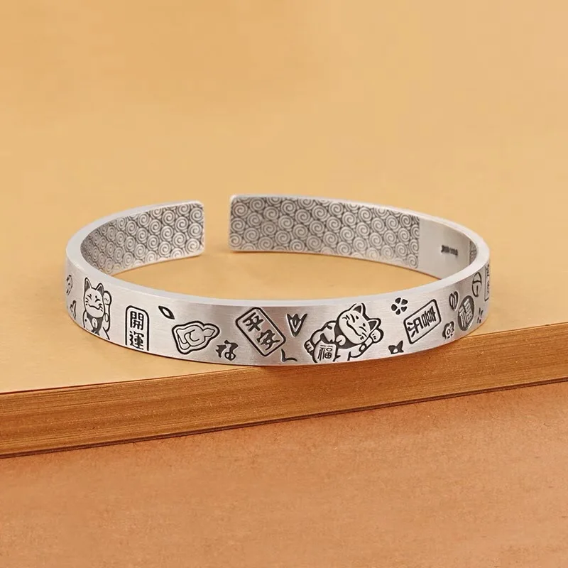 

999 Sterling Silver Fashion Jewelry National Style Retro Rune Lucky Character Men'S And Women'S Open Bracelet Gift