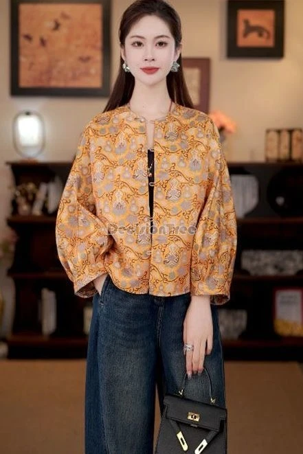 2026年中国風改良ファッション伝統スタイル女性用チャイナドレスブラウスプリント長袖ラウンドカラータングスーツルーズコート