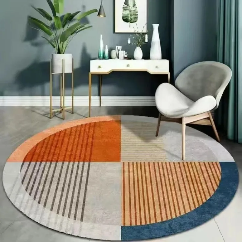 Contemporary Color Block Round Rug, Non-slip & Washable, Orange Grey Stripe Mat for Home Decor - view 4