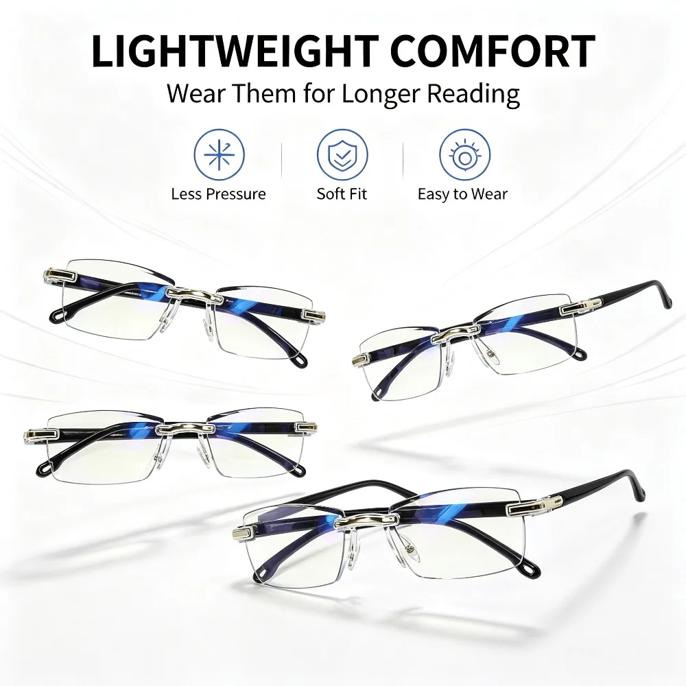 4PCS Rimless Anti Blue Light Reading Glasses for Men, Lightweight Comfort Clear Lens Presbyopic Glasses, Soft Fit No Pressure Long Time Wear Computer Eyeglasses