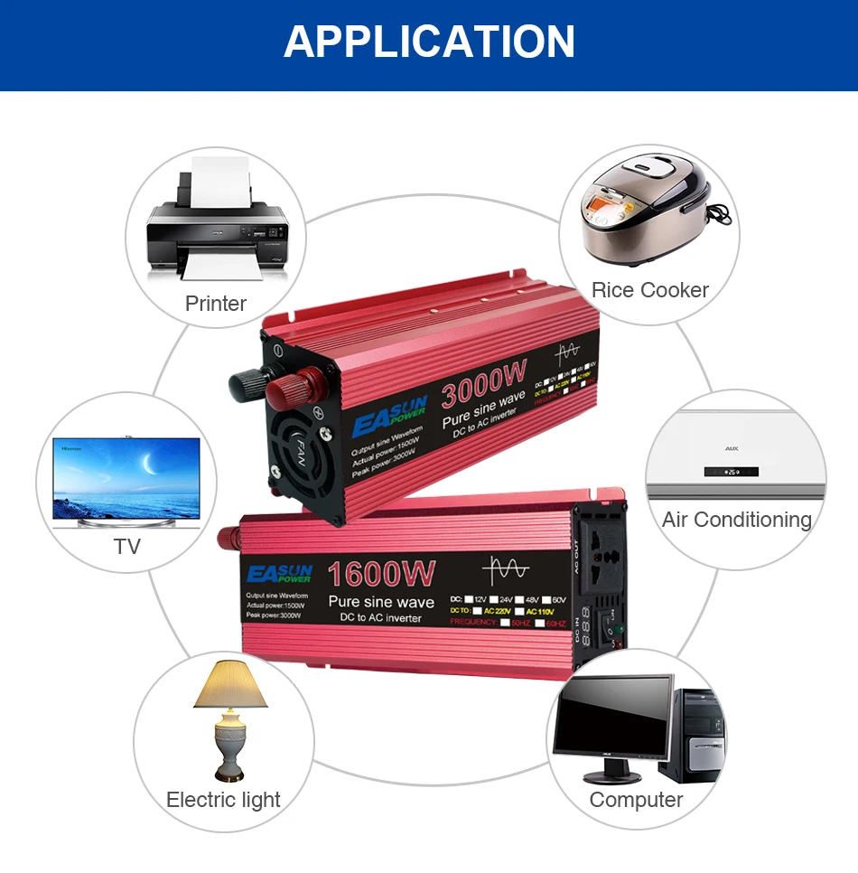 Easun 1600W Pure Sine Wave Single Phase Inverter DC 12v 24v AC 220V Car Power Converter with Voltage Digital Display