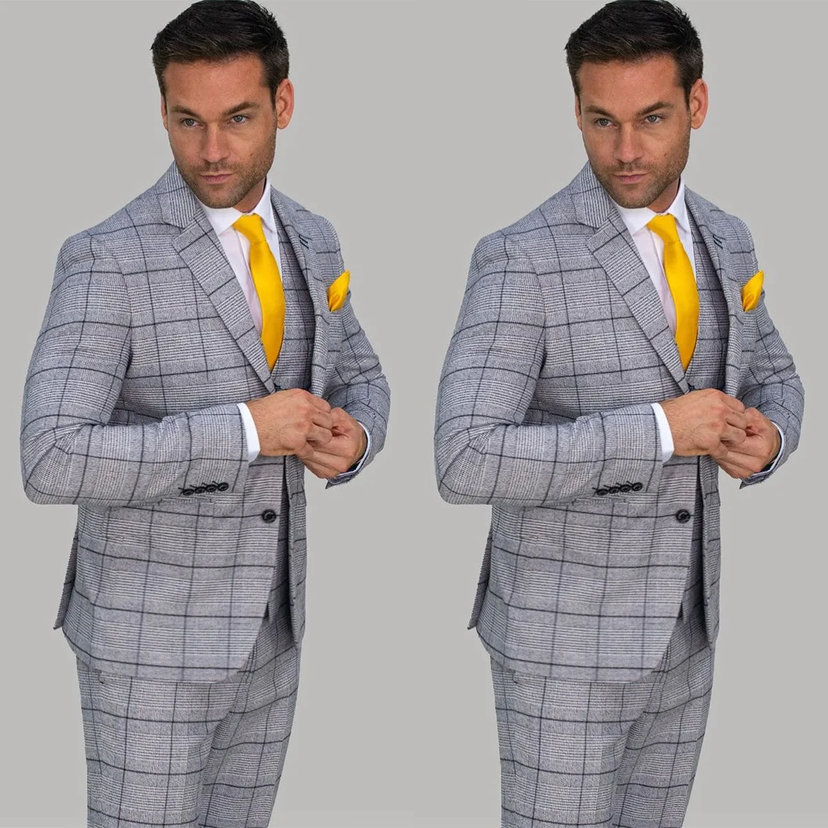 

Gray Men Suit 3 Pieces Blazer Vest Pants Single Breasted Peaked Lapel Tuxedo Business Plaid Stripes Wedding Groom Costume Homme