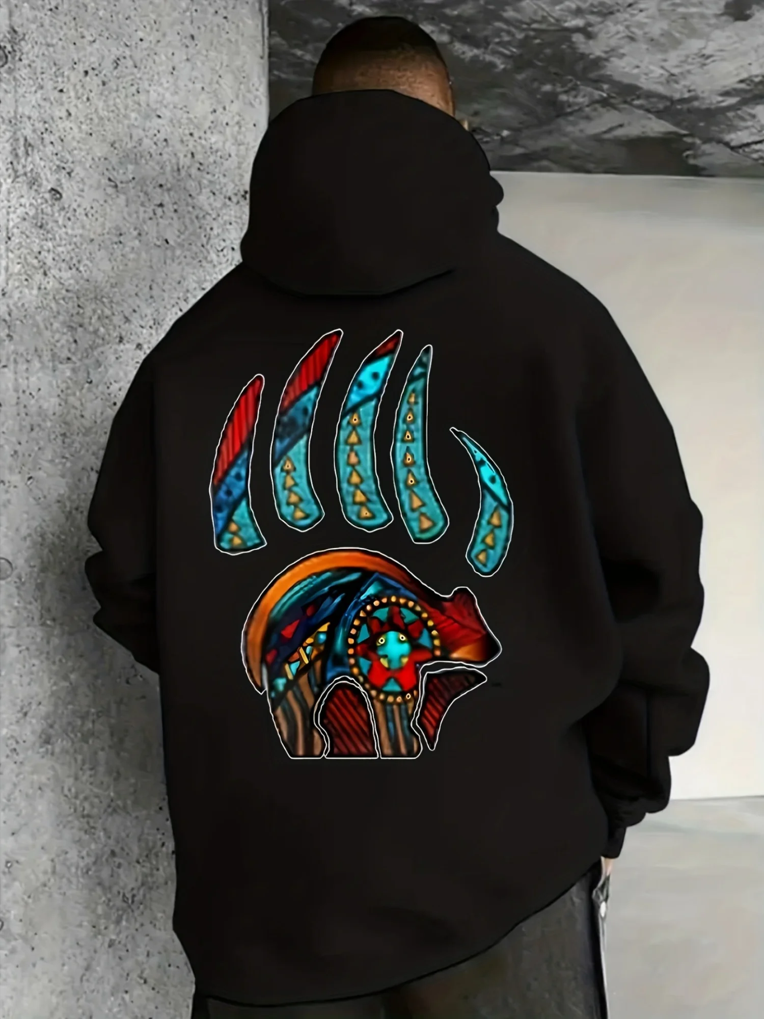 Men's Tribal Bear Claw Graphic Hoodie Oversized Streetwear Hooded Sweatshirt Native Ethnic Back Print Long Sleeve Pullove