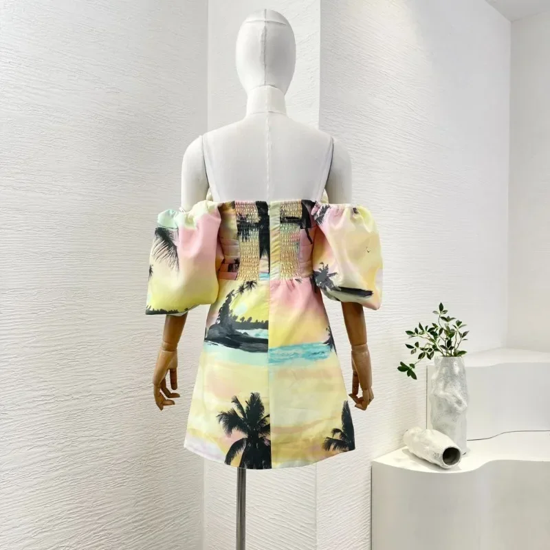 Female's Yellow Short Sleeve High Quality Arrivalscoconut Palm Sunset Print Off The Shoulder Mini Dresses for Party