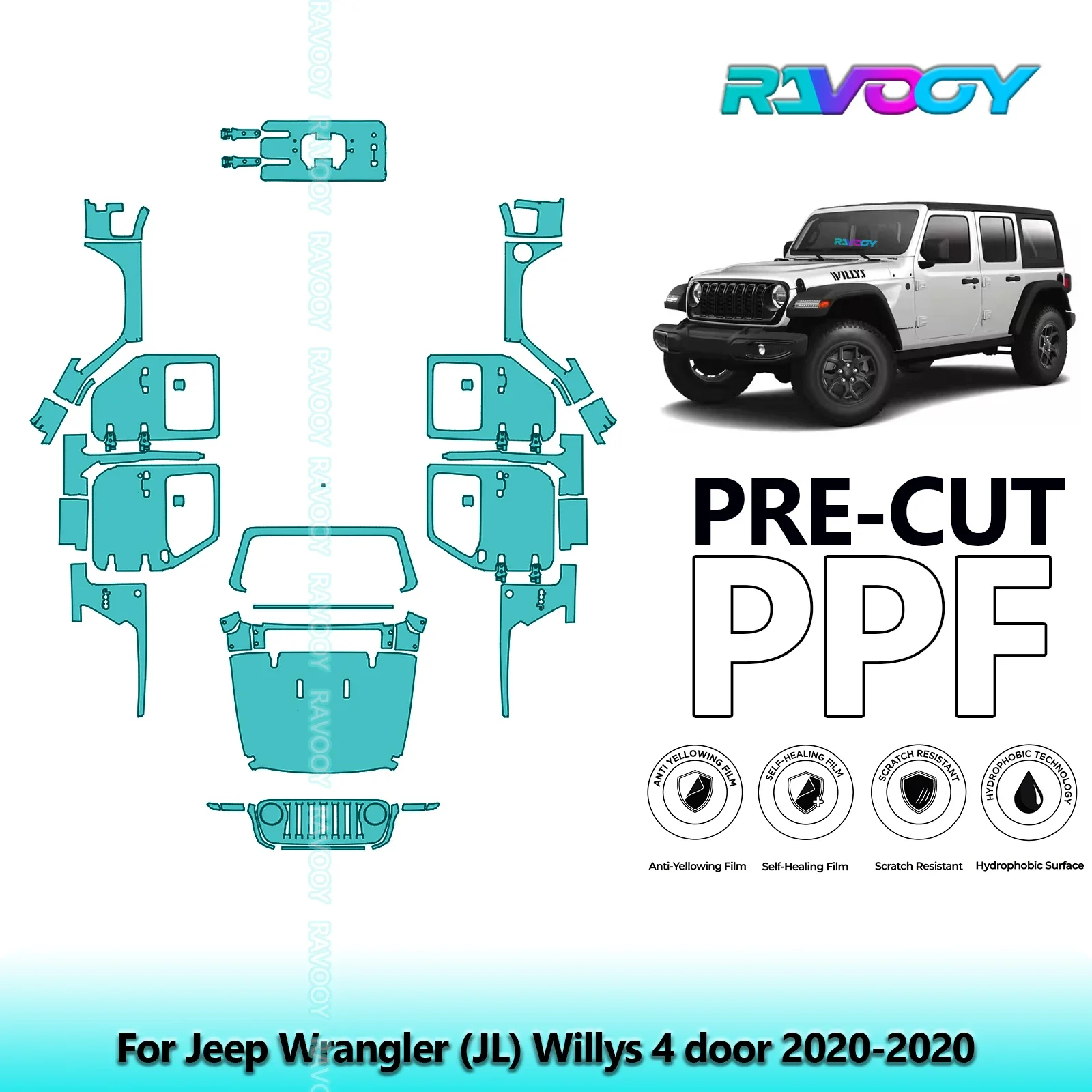 

8.5Mil Precut PPF Paint Protection Film Full Vehicle For Jeep Wrangler (JL) Willys 4 door 2020-2020