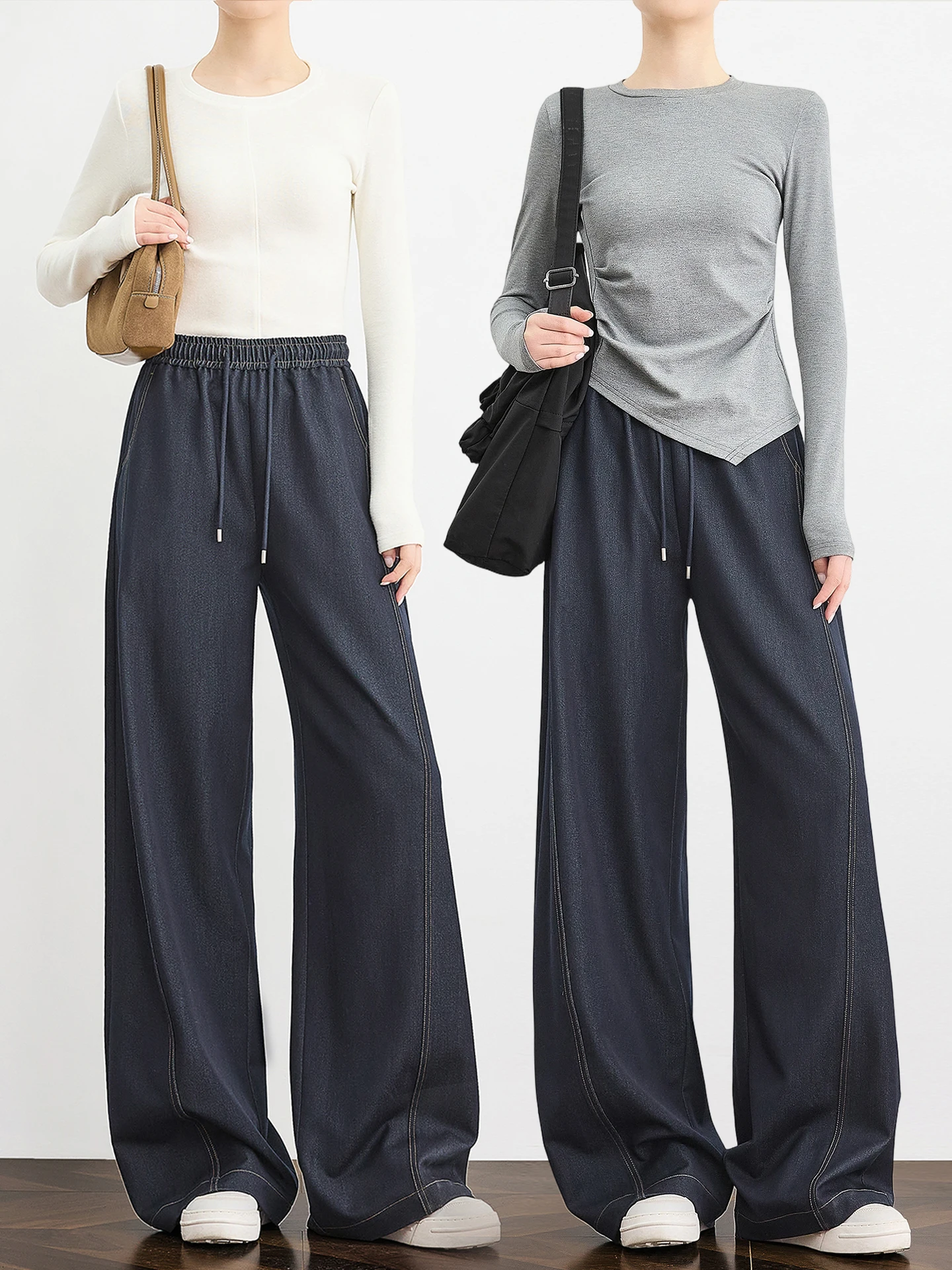 

Брюки TUMPUS Free Series: повседневные женские брюки с контрастной строчкой глубокого синего цвета, эластичным поясом, прямым кроем и широкими штанинами