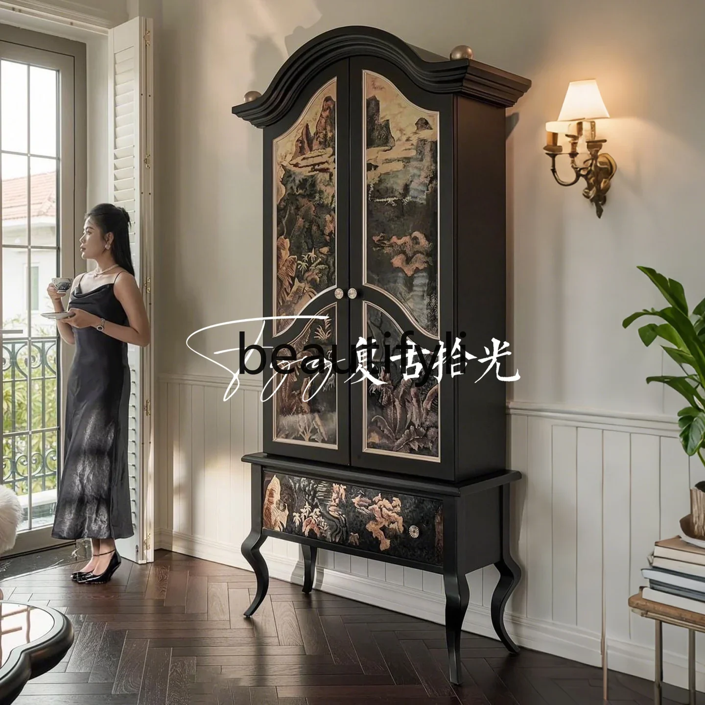 

yj7 French retro solid wood carving flower wine cabinet painted decorative cabinet living room vertical locker