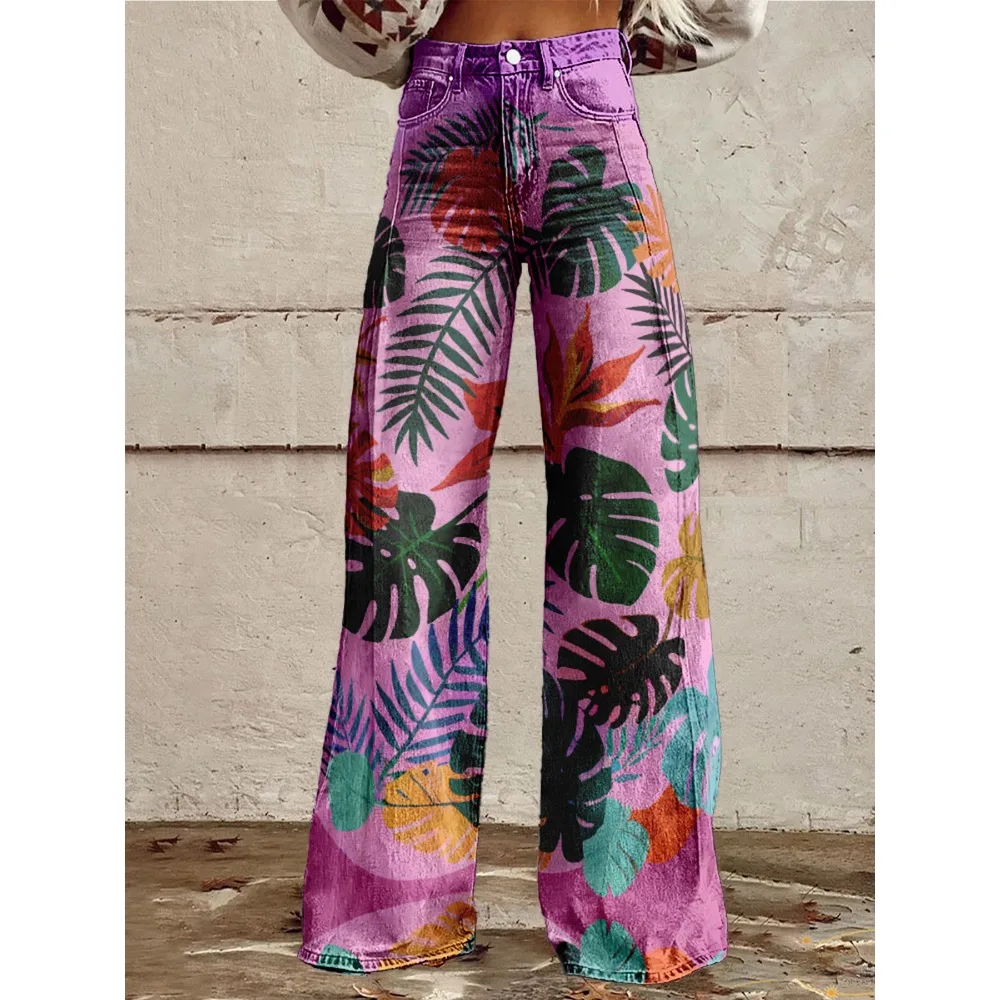 بنطال واسع الساق بطباعة غروب الشمس الاستوائية على الطراز البوهيمي - بنطال شاطئ نسائي مثير متوهج بتصميم شجرة النخيل لقضاء عطلة الصيف