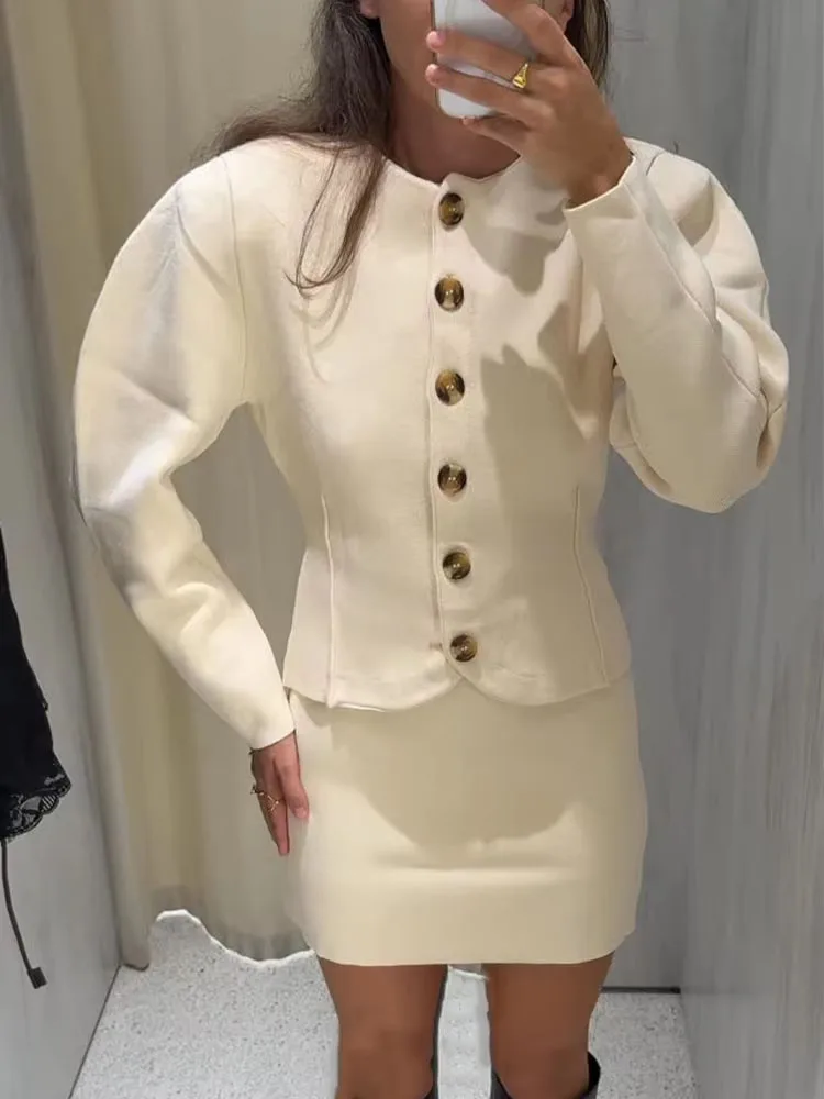 HH Maglione O-Collo a maniche lunghe monopetto moda donna + Minigonna solida in vita elastica lavorata a maglia casual estiva Mujer