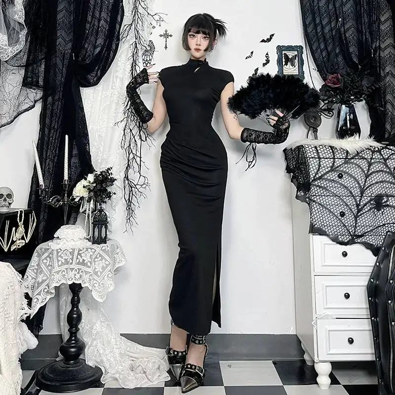 

Gothic Dark Modern Chinese Cheongsam Dress Sheer Backless Mesh Side Slit Waist Cinched Bodycon Maxi Dress Club Party