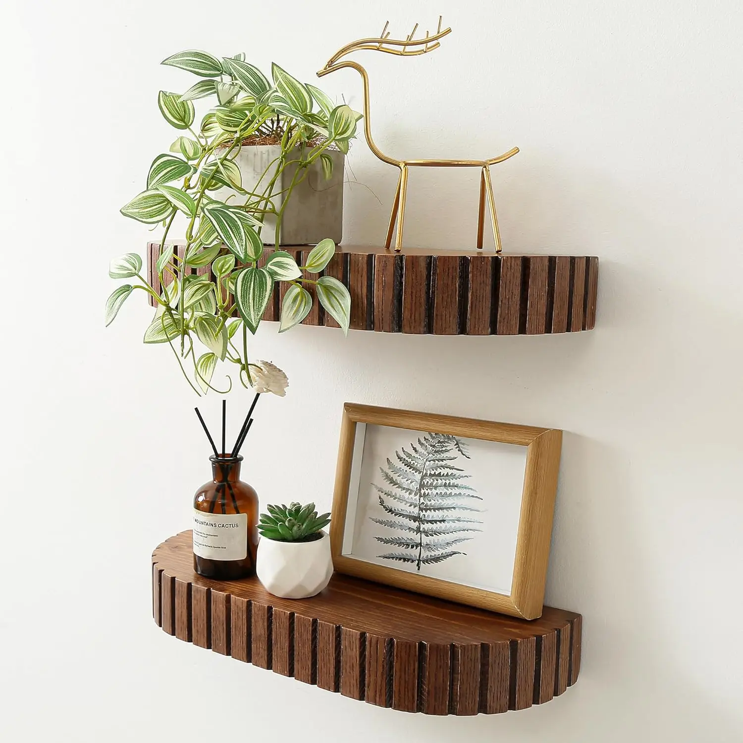 

Wood Rounded Fluted Floating Shelf Set of 2, 16Wx5.5D Inch– Modern Display Shelf with Decorative Edge, Rustic Hanging