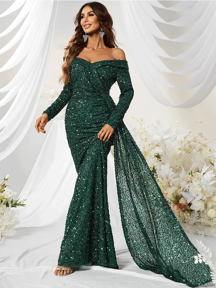 Royal Blue Sparkling Floor Length Evening Gown Luxury Long Sleeve Wedding Reception Women's Sparkling Dress Prom Gown