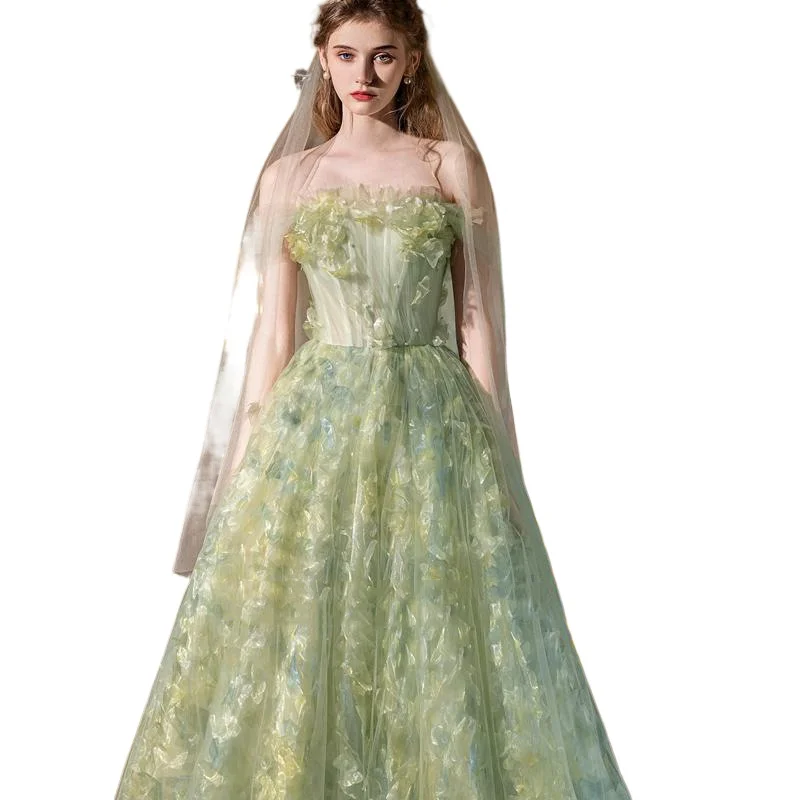 2025 New High End Birthday Party One Neck Dress, Engagement Bride Toast Performance, Dreamy Forest Flower Fairy Evening Dress