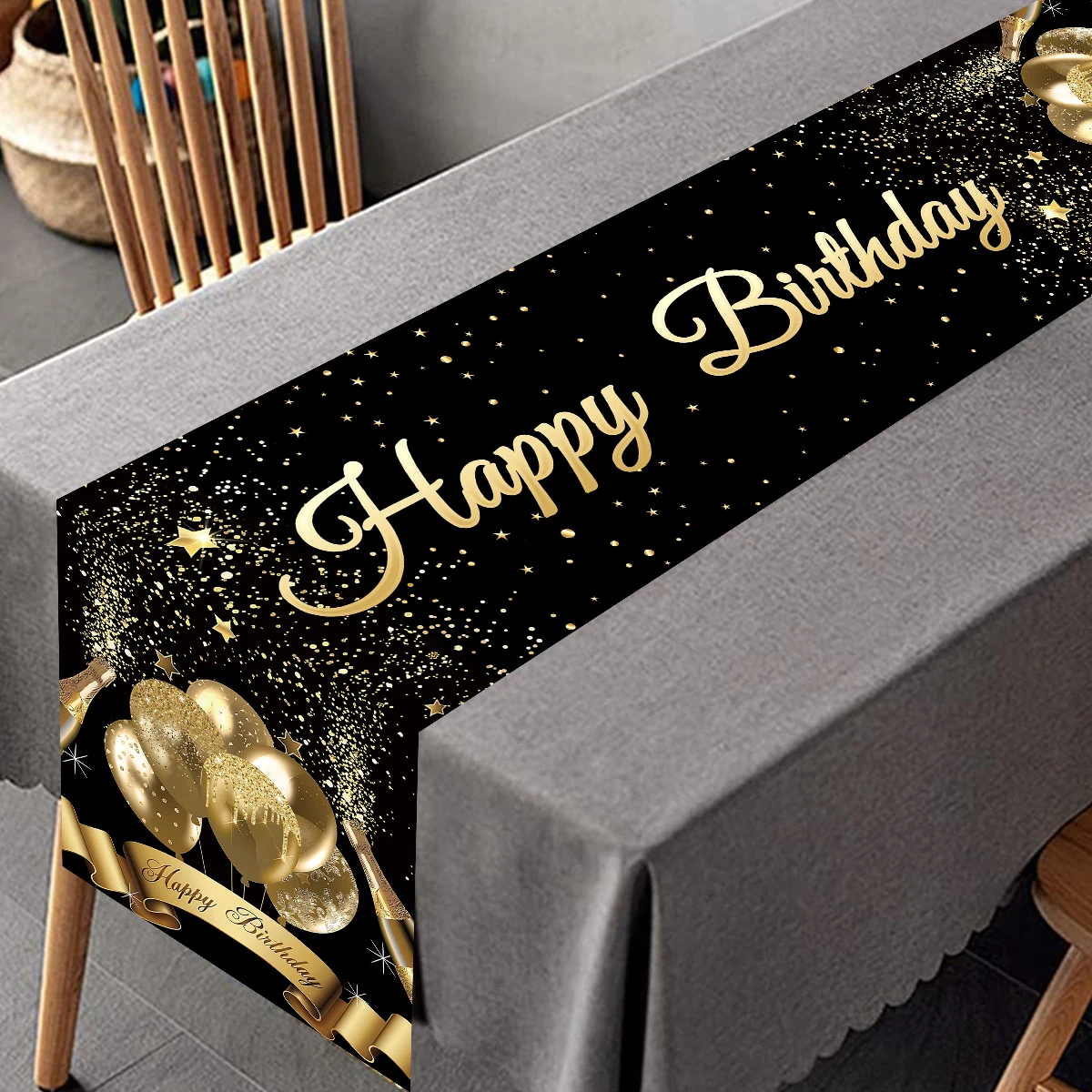 Black Gold Happy Birthday Table Runner 30th 40th 50th Birthday Party Decoration Adult Anniversary Birthday Party Supplies
