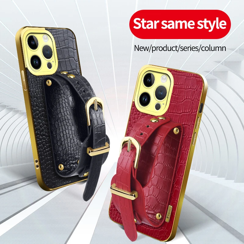 Capa de telefone de couro padrão de crocodilo para iphone 16e 16 pro max à prova de choque silicone macio capa traseira com suporte alça de pulso