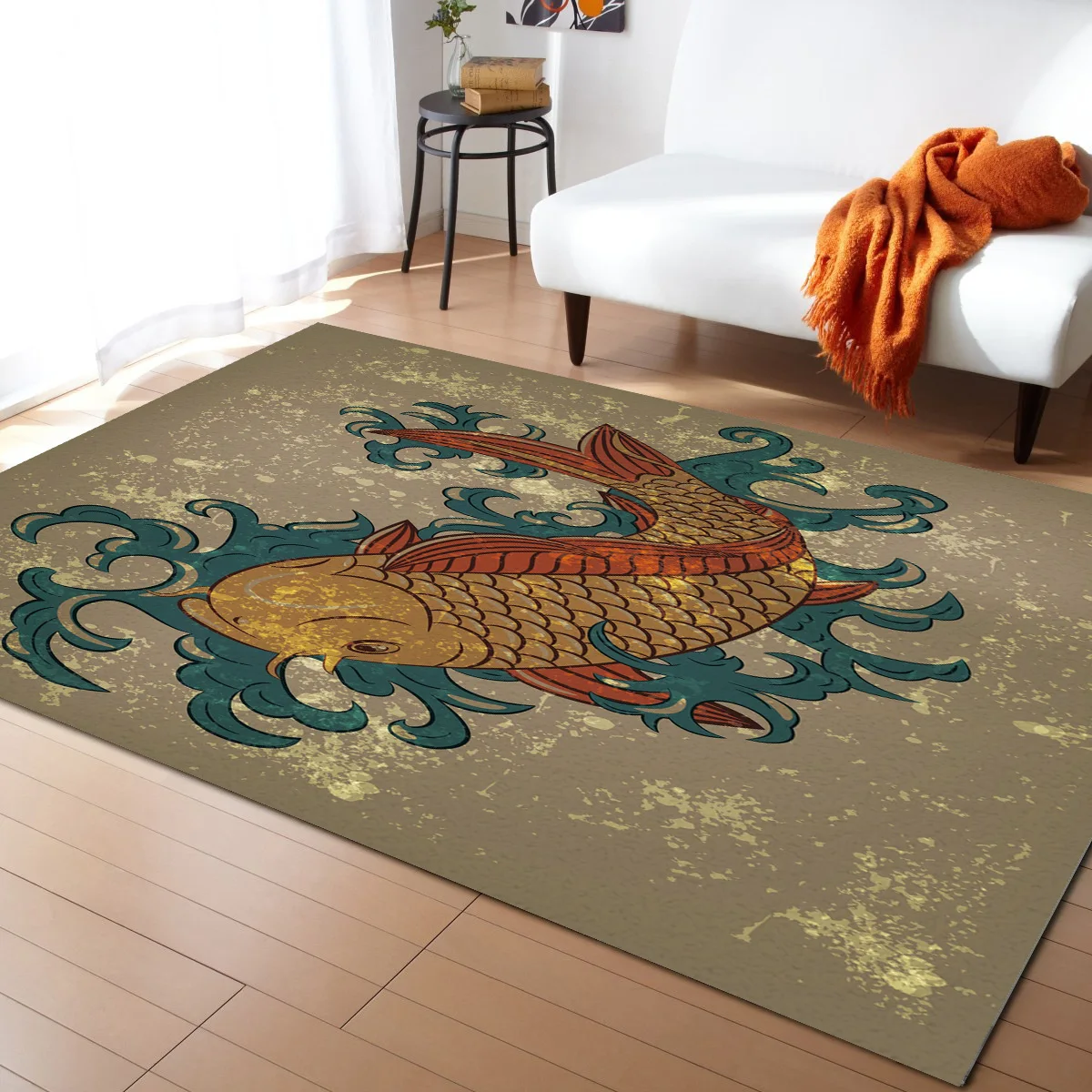 Carp Japanese Retro Animal Fish Old Broken Nature Carpet Area Rug Kids Room Living Room Bedroom Home Play Decoration Floor Mat