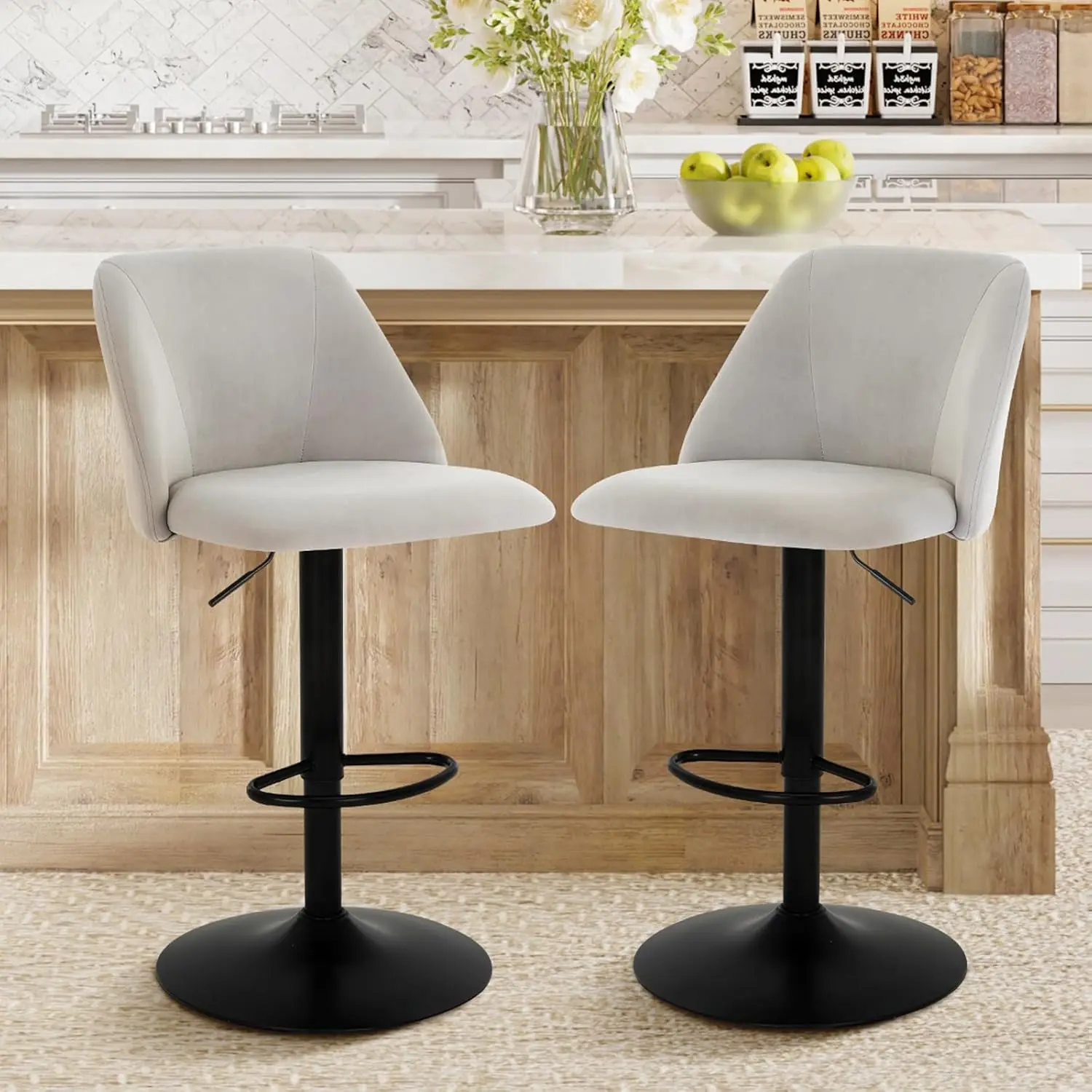 

Bar Stools Set of 2, Modern Swivel Bar Chairs, Adjustable Upholstered Barstools Counter Height with Full Backrest for B
